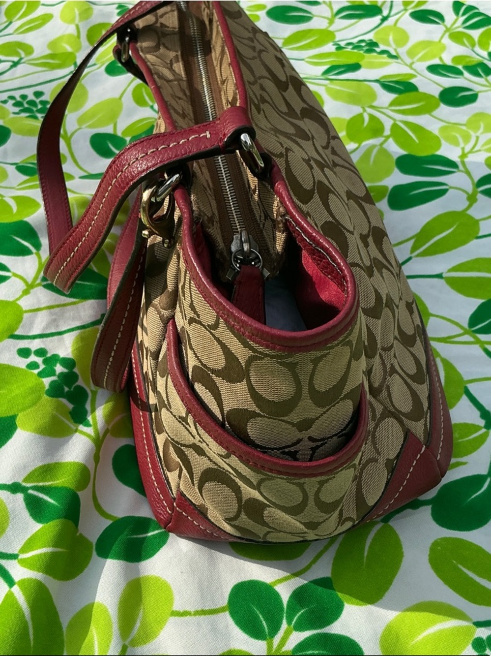 Coach Tote Handbag Park Signiture Carrier J1321-F23297 Large Khaki Red Leather - Picture 7 of 17